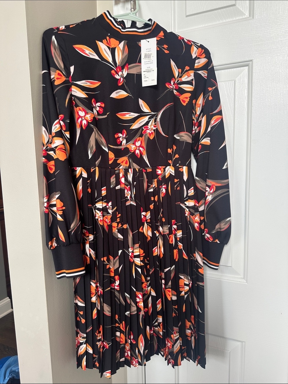 Black Floral Pleated Long-Sleeve Dress with Orange & Red Accents
